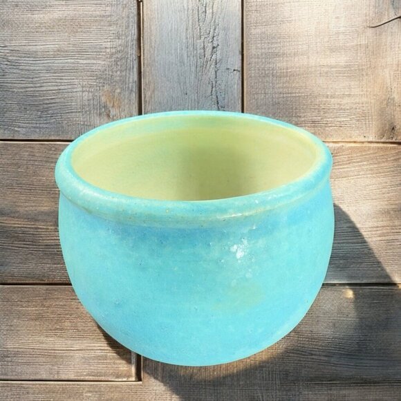 Vintage Turquoise Glaze Pottery Stoneware Dish Bowl Planter Flower Pot Signed - Picture 1 of 12
